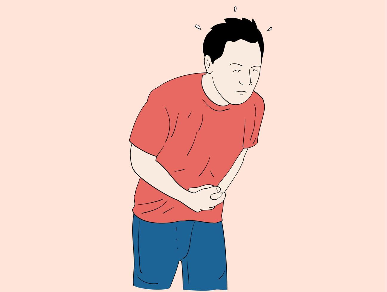 el hombre malsano sufre de dolor de estómago o gastritis. Malestar macho toque vientre lucha con dolor abdominal. ilustraciones de diseño vectorial de estilo dibujado a mano. vector