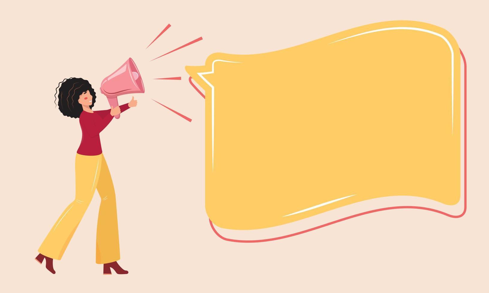Woman speaking from the bullhorn and making announcement. For banners, cards, backgrounds, flyers, posters, advertisements. Vector flat illustration.