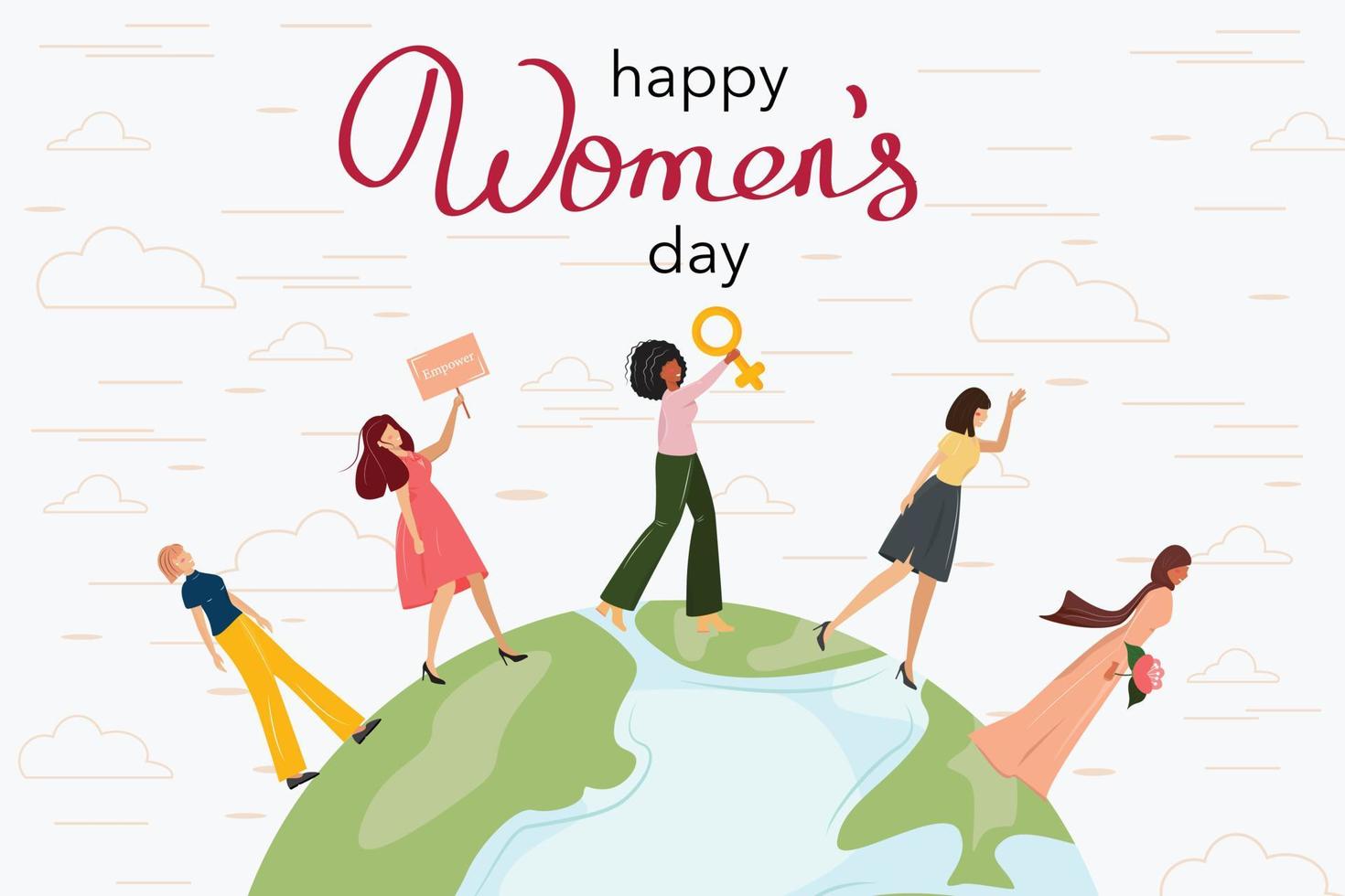 ilustración del día de la mujer feliz. mujeres felices caminando sobre el planeta tierra. empoderamiento, concepto de igualdad de género. personajes femeninos de diferentes nacionalidades. vector