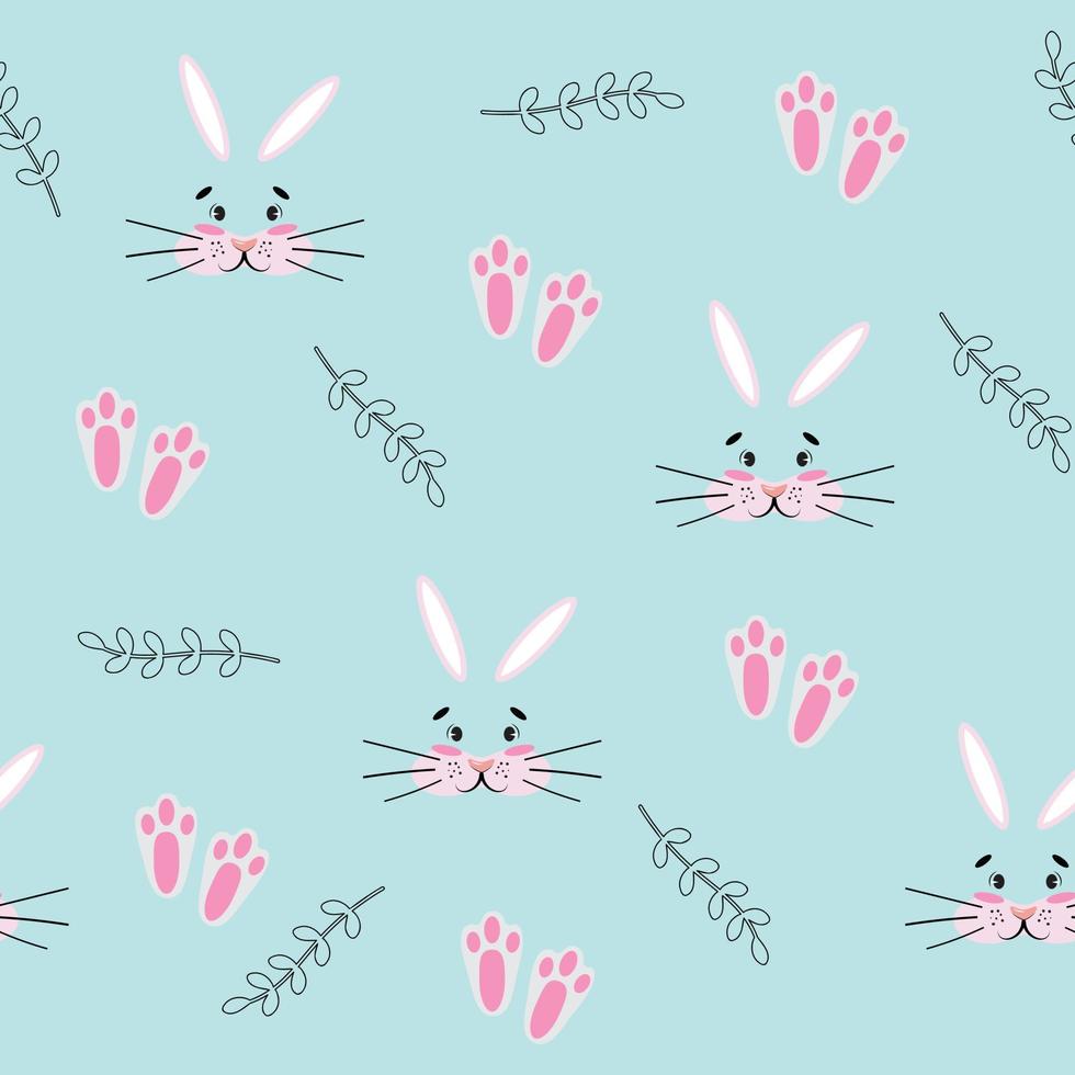 Bunny faces seamless pattern on blue background. Cute seamless pattern with leaves, paw prints and bunny faces. For textile, paper, wallpaper, prints, packaging, wrapping paper. Vector pattern.