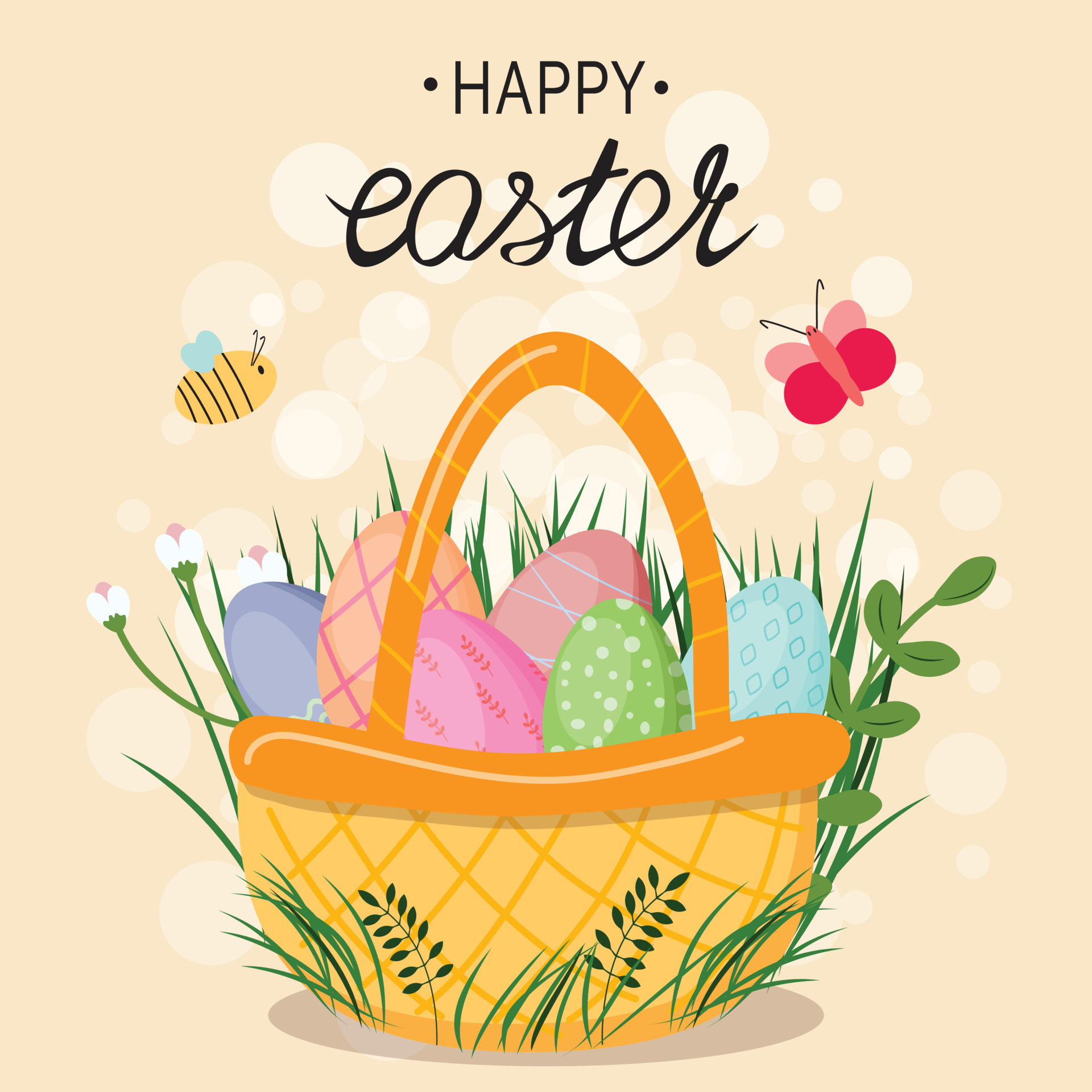 Cute illustration with Easter basket filled with painted eggs. Basket