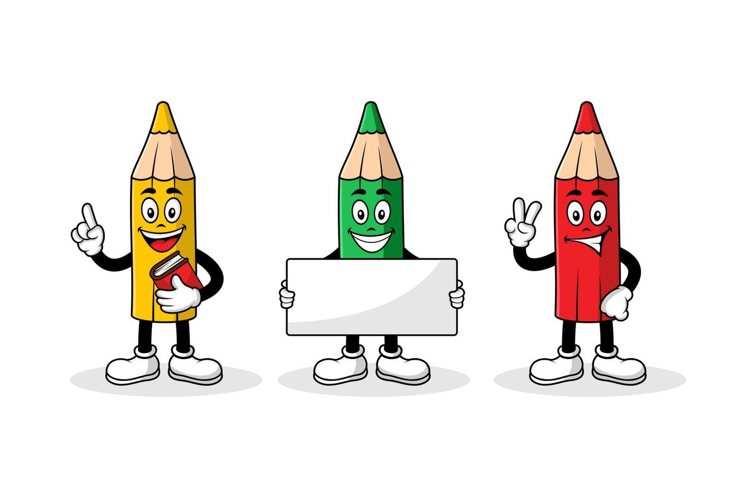 Pencil cartoon character with book, banner vector design collection