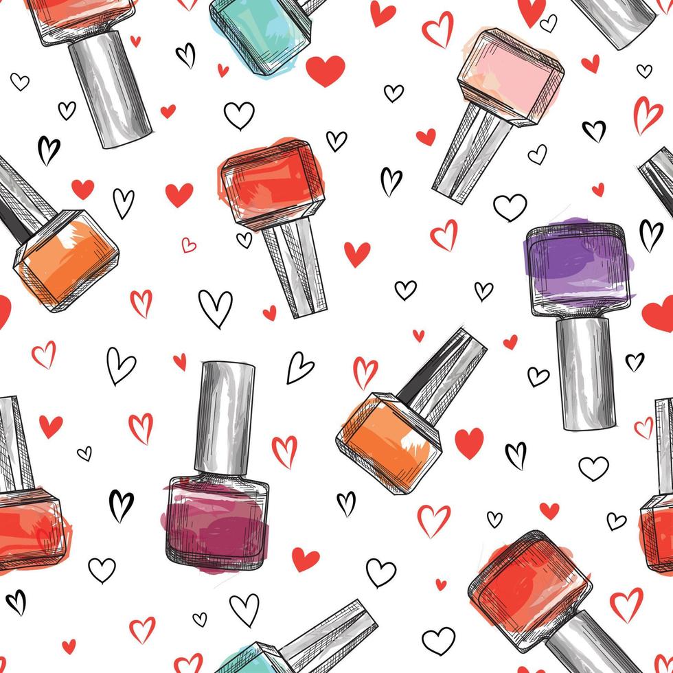 Nail polish bottle pattern. Beauty salon background. Love Manicure makeup ornament vector