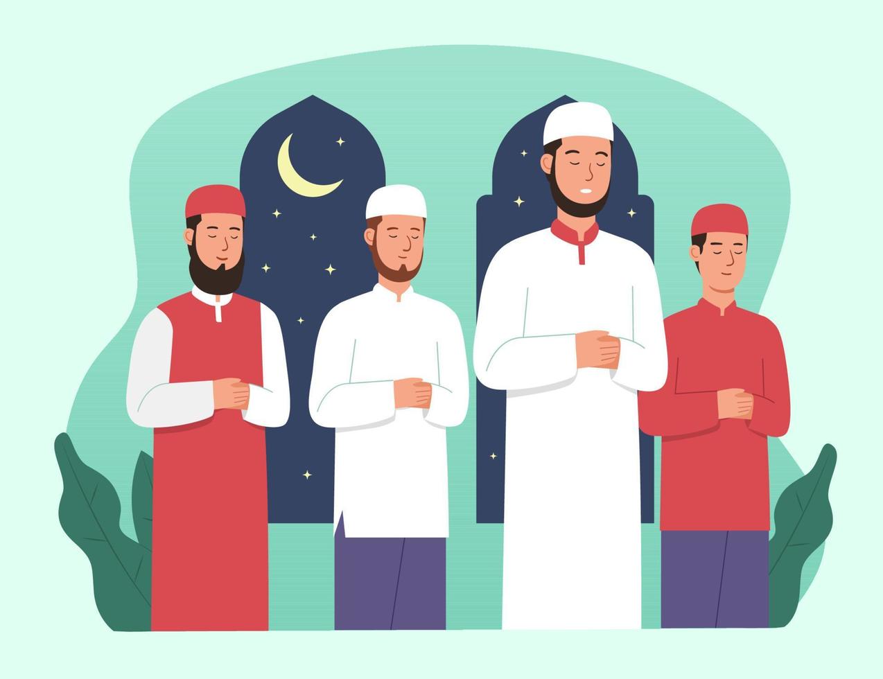 los musulmanes realizan la oración de tarawih por la noche durante el ramadán vector