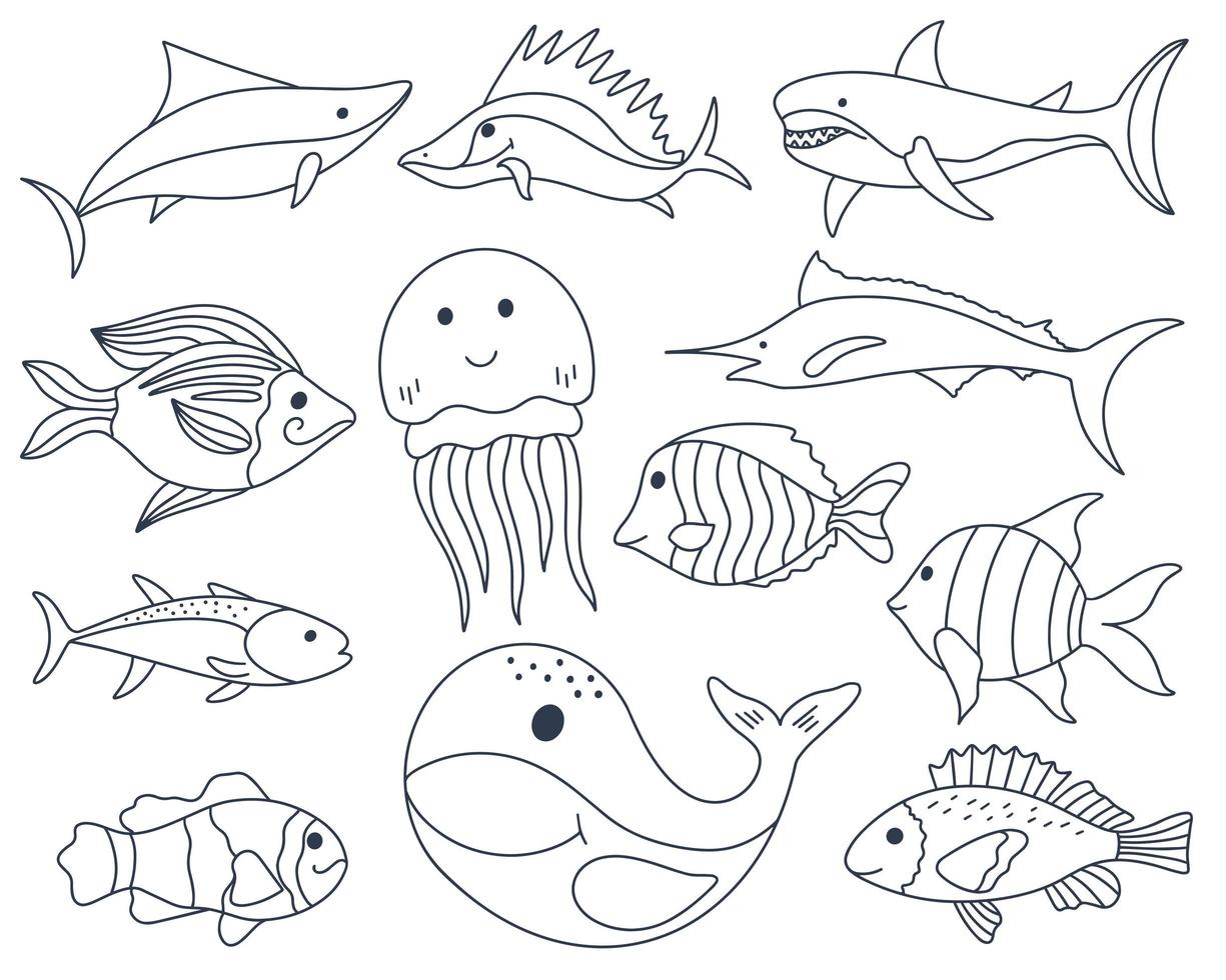 Sea fish doodle set vector