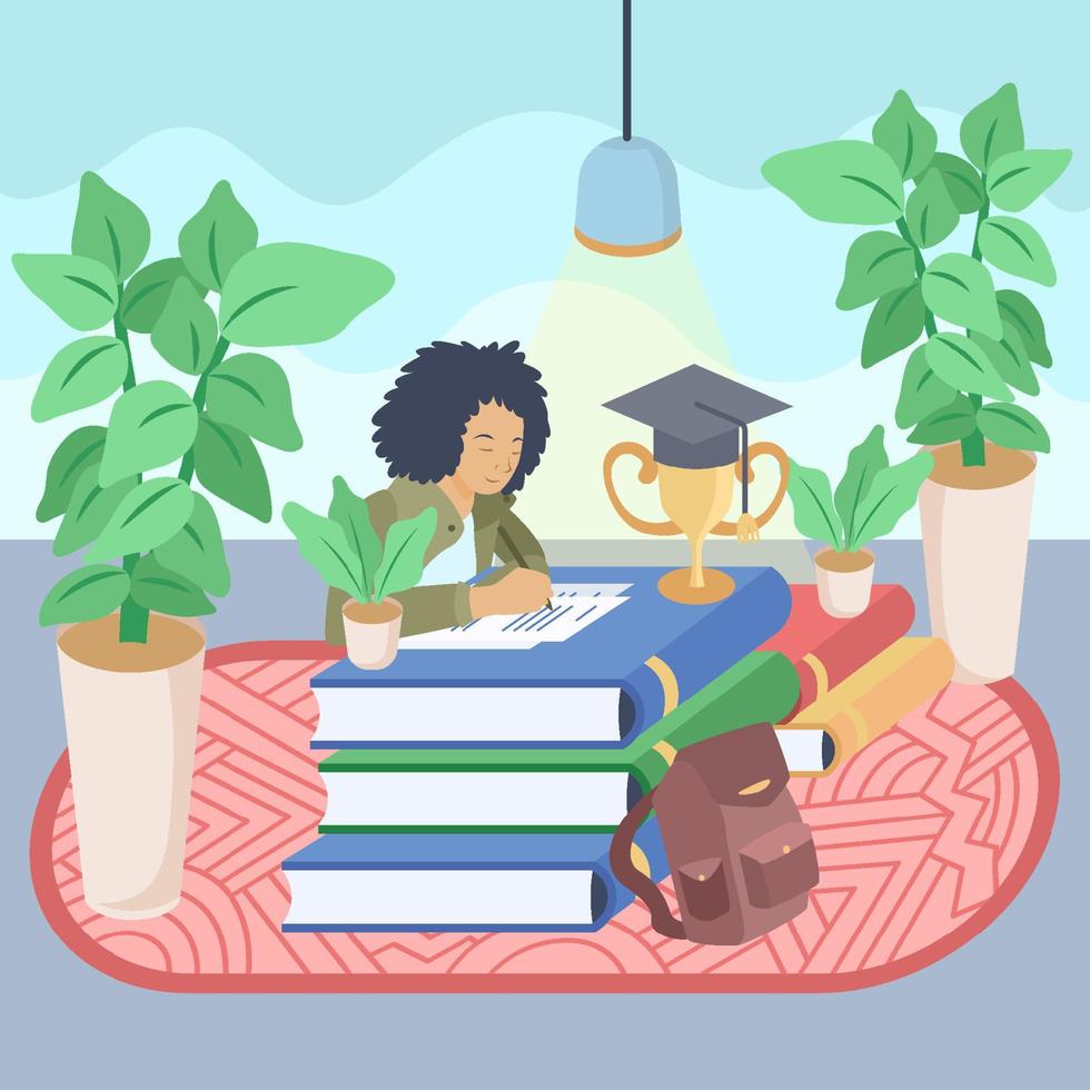 personaje de estudiante haciendo tareas con libros vector