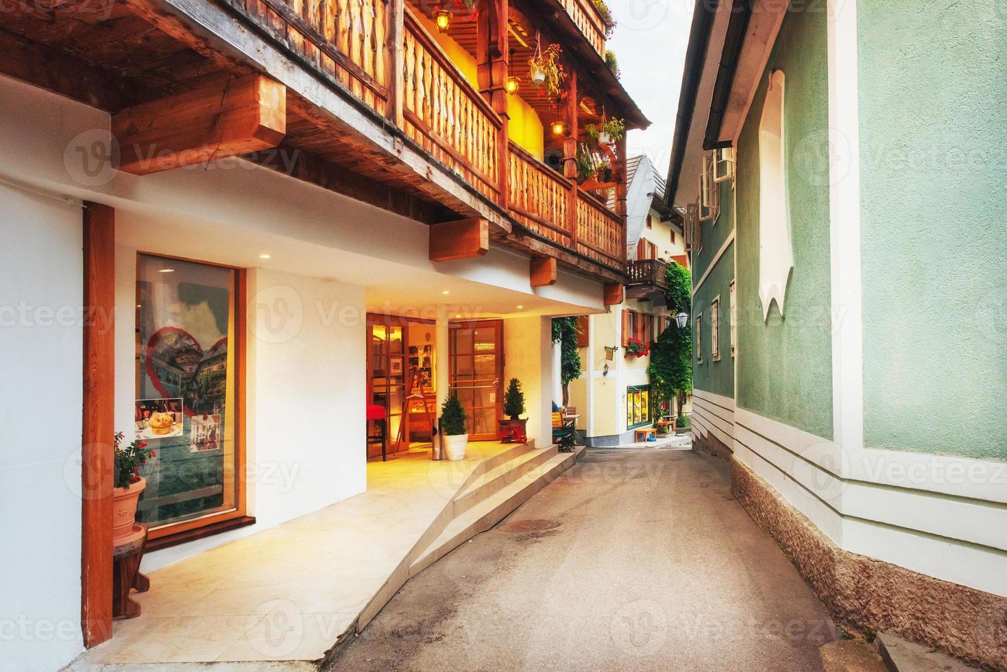 Scenic view. The historic area of the city Hallstatt with traditional colorful houses in Halshtati. Austria photo