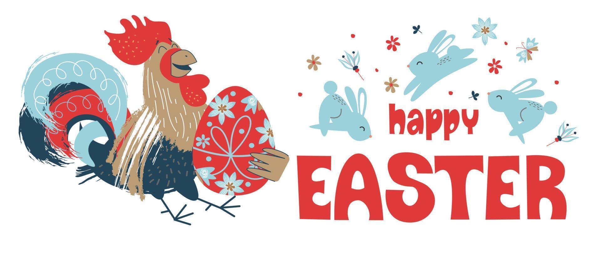 happy Easter. Colorful Easter banner with spring flowers and a cheerful rooster with an Easter egg. vector