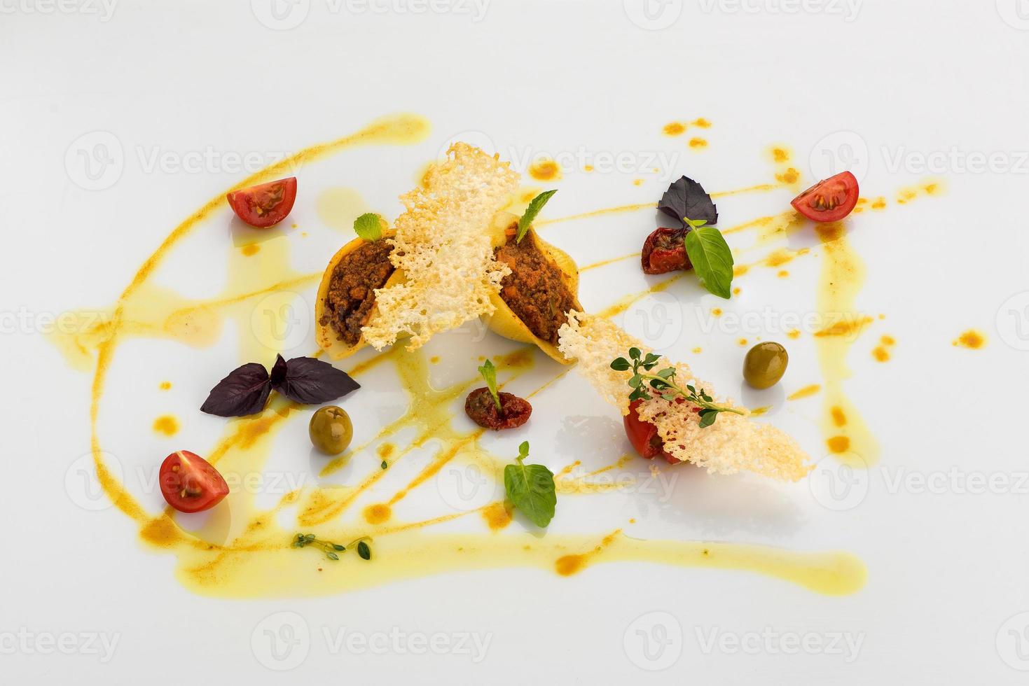 decoratively decorated food on white photo