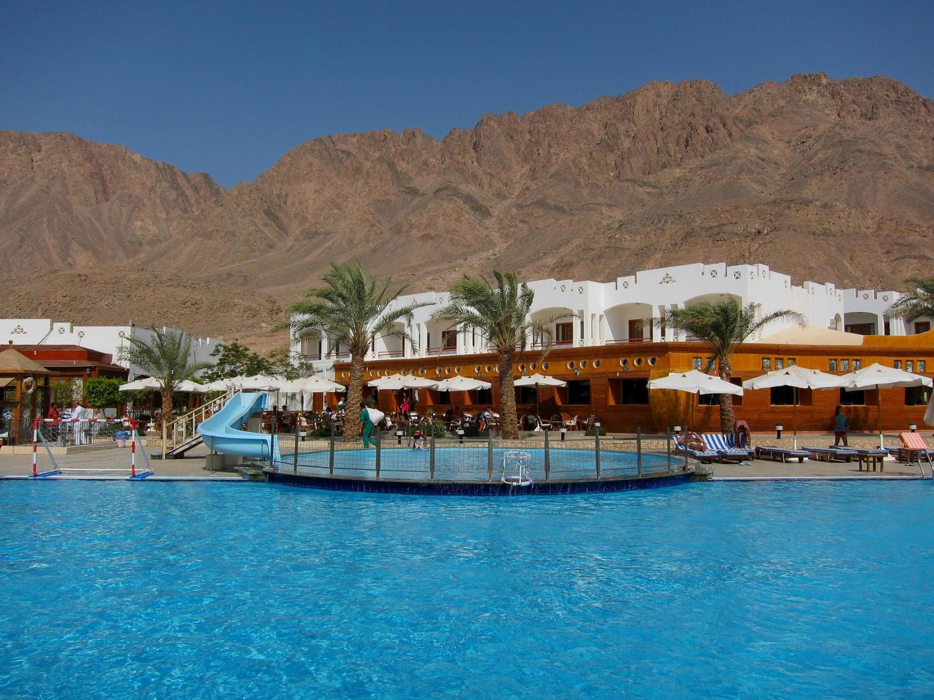 hermosa piscina azul de vacaciones en Egipto con palmeras foto