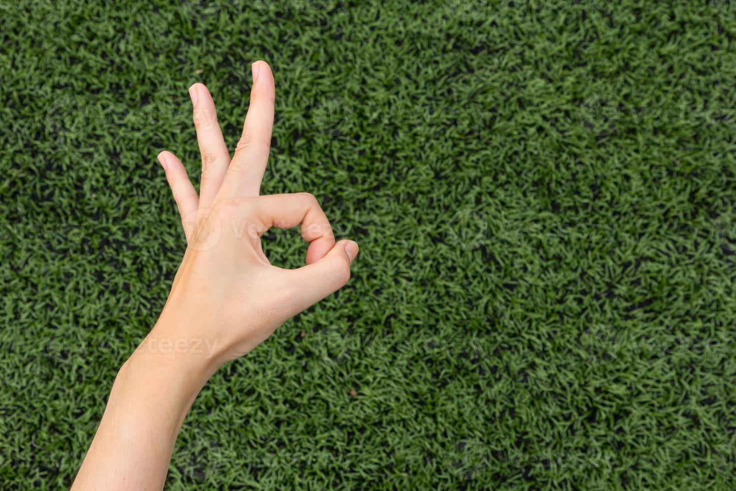 Girl Thumbs ok on background lawn photo