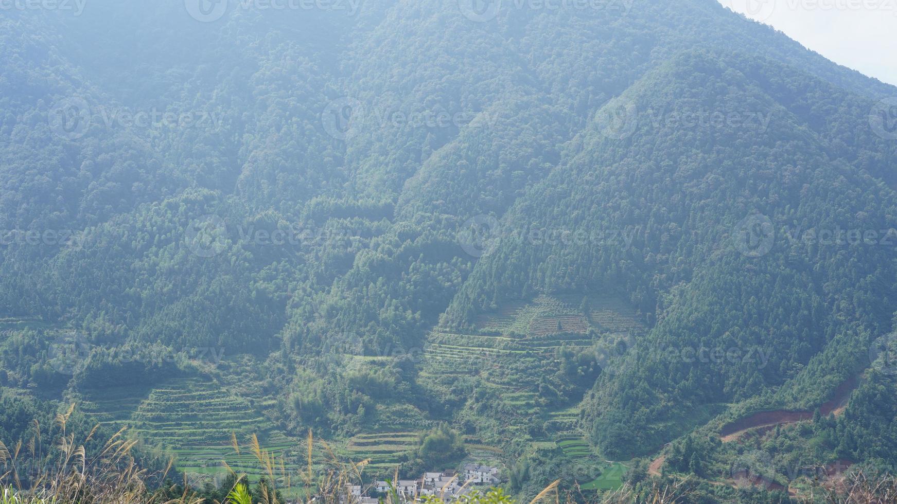 The beautiful mountains landscapes with the green forest and little village as background in the countryside of the China photo