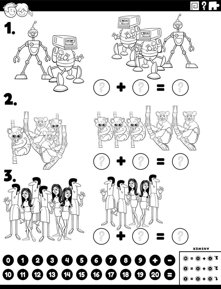maths addition task with cartoon characters coloring book page vector