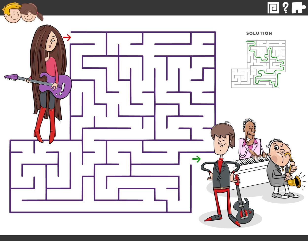 maze game with cartoon girl with guitar and band vector