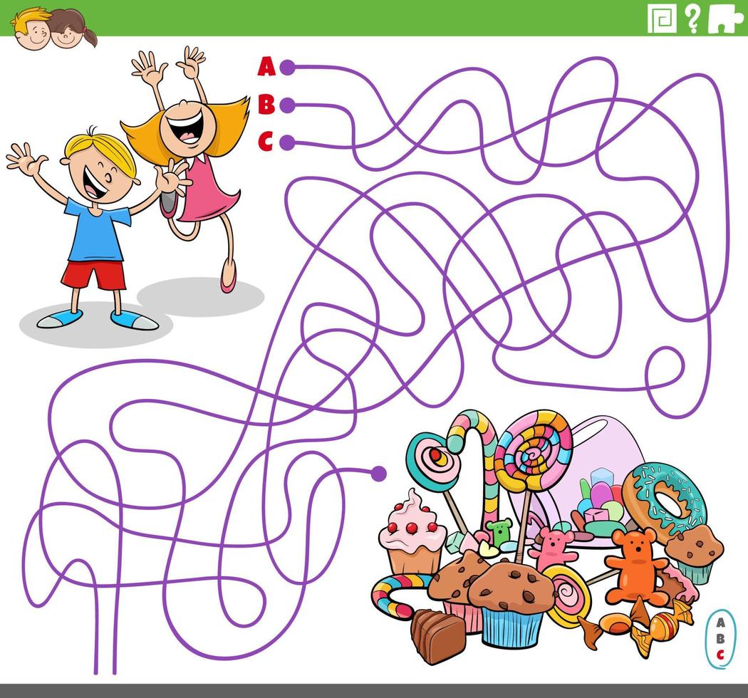 juego de laberinto con niños de dibujos animados y dulces vector