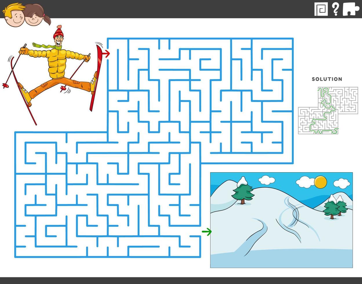 maze game with cartoon man character skiing vector
