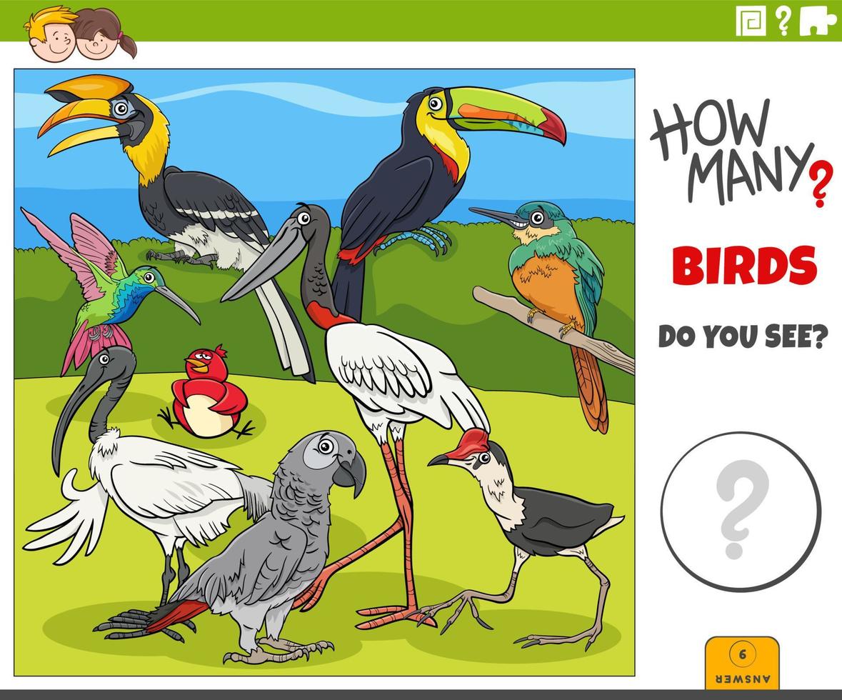 how many cartoon birds educational task for children vector