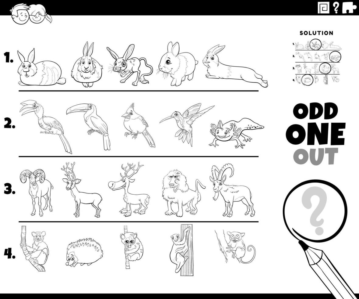 odd one out task with cartoon animal characters coloring book page vector