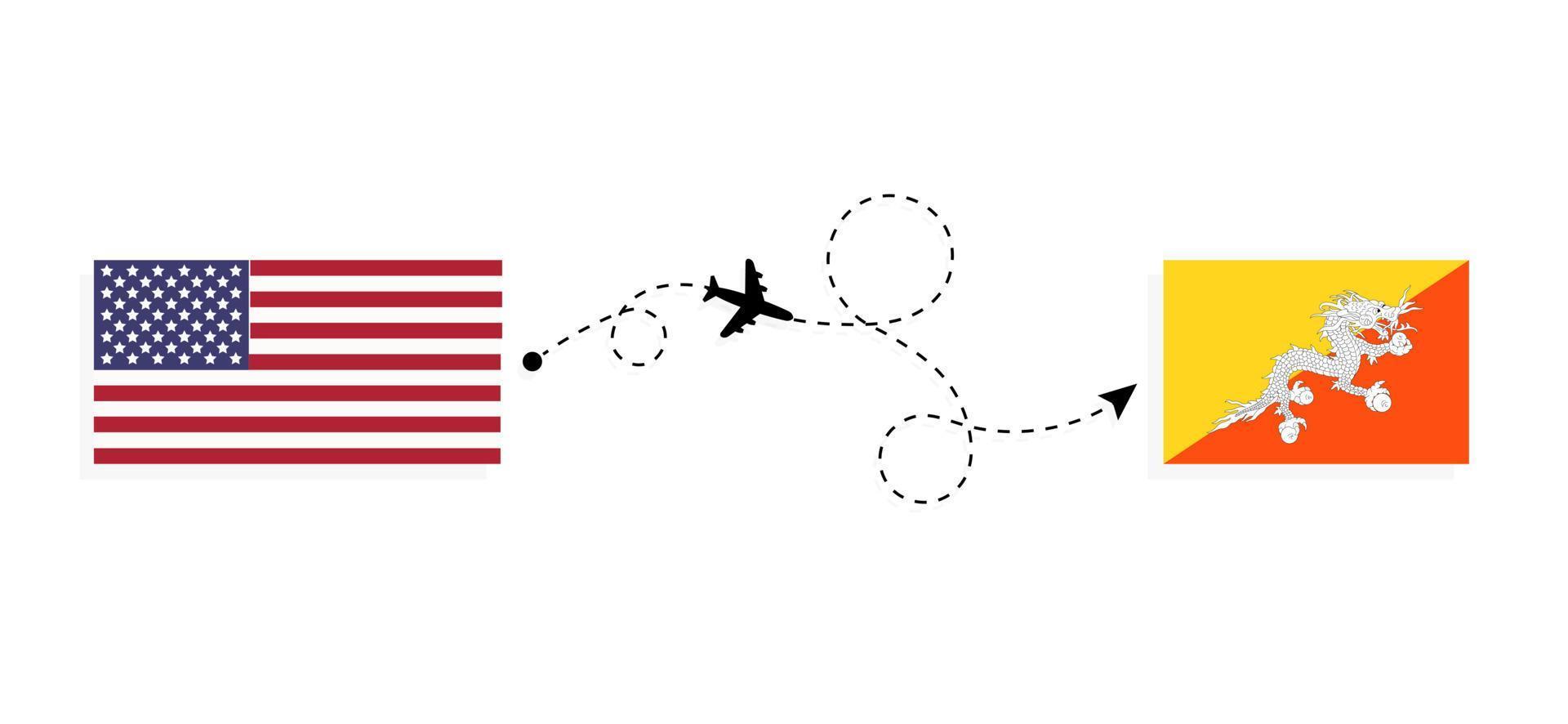 Vuelo y viaje desde EE. UU. a Bután en concepto de viaje en avión de pasajeros vector