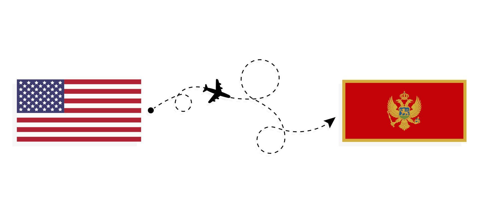 Vuelo y viaje desde EE. UU. a Montenegro en avión de pasajeros concepto de viaje vector