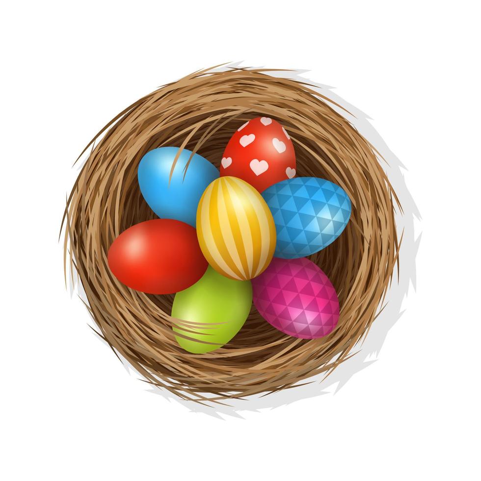 Easter eggs on wild bird nest from straw and twigs vector