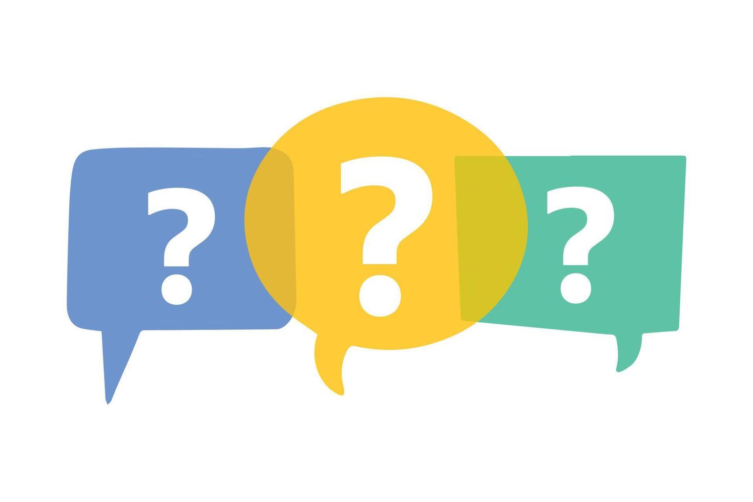 Question mark in bubble icon. Help information icons. Colorful bright speech bubbles, dialogue box background. Vector illustration isolated on white. Feedback, opinion, reaction, brainstorm concept.