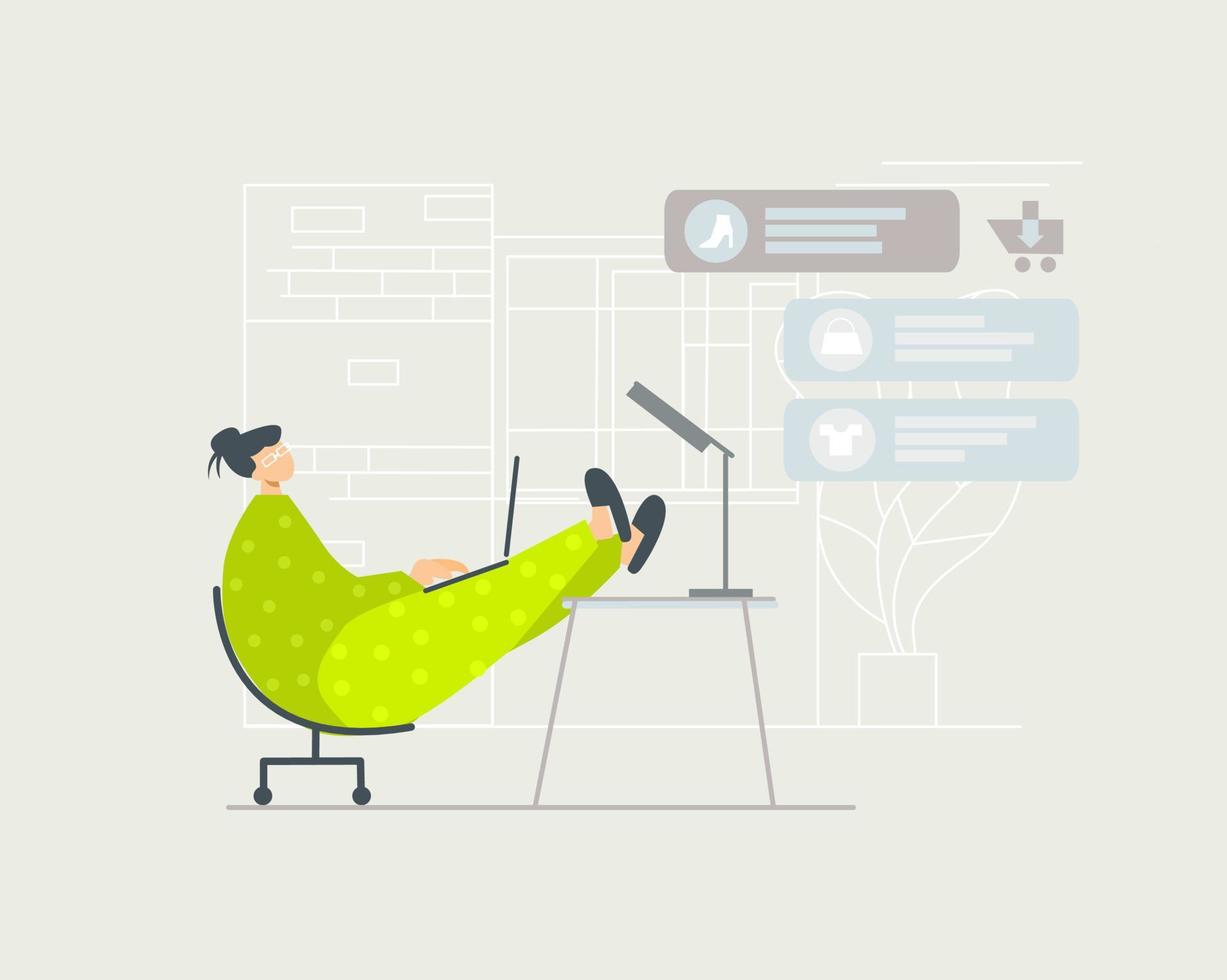 Vector illustration of home alone activity. Shopping online. Buying online. Shop online. Spending time alone. Social distancing. Pandemic life. Distance activities. Laptop. Shopping cart. Pajama.