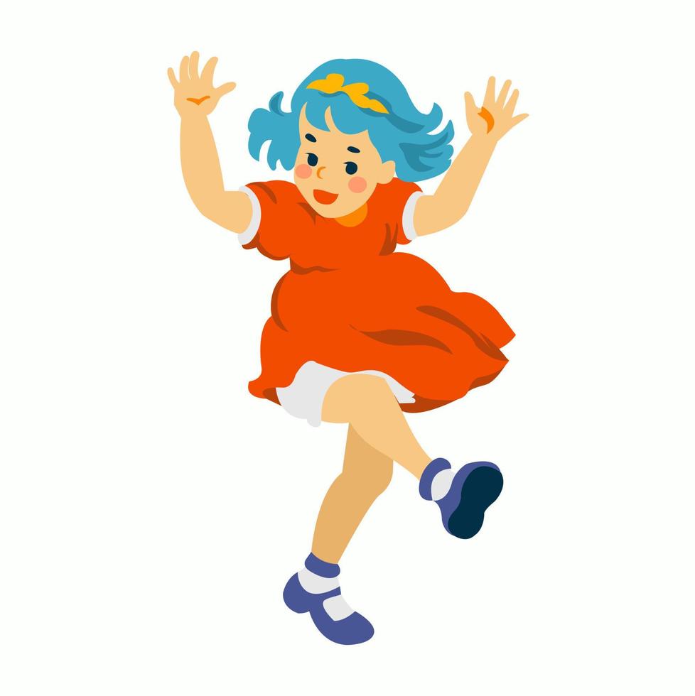 Flat vector illustration of little girl in red dress and with blue hairs. Dancing, jumping, activity. Happy childhood. Isolated on white background. Cartoon style