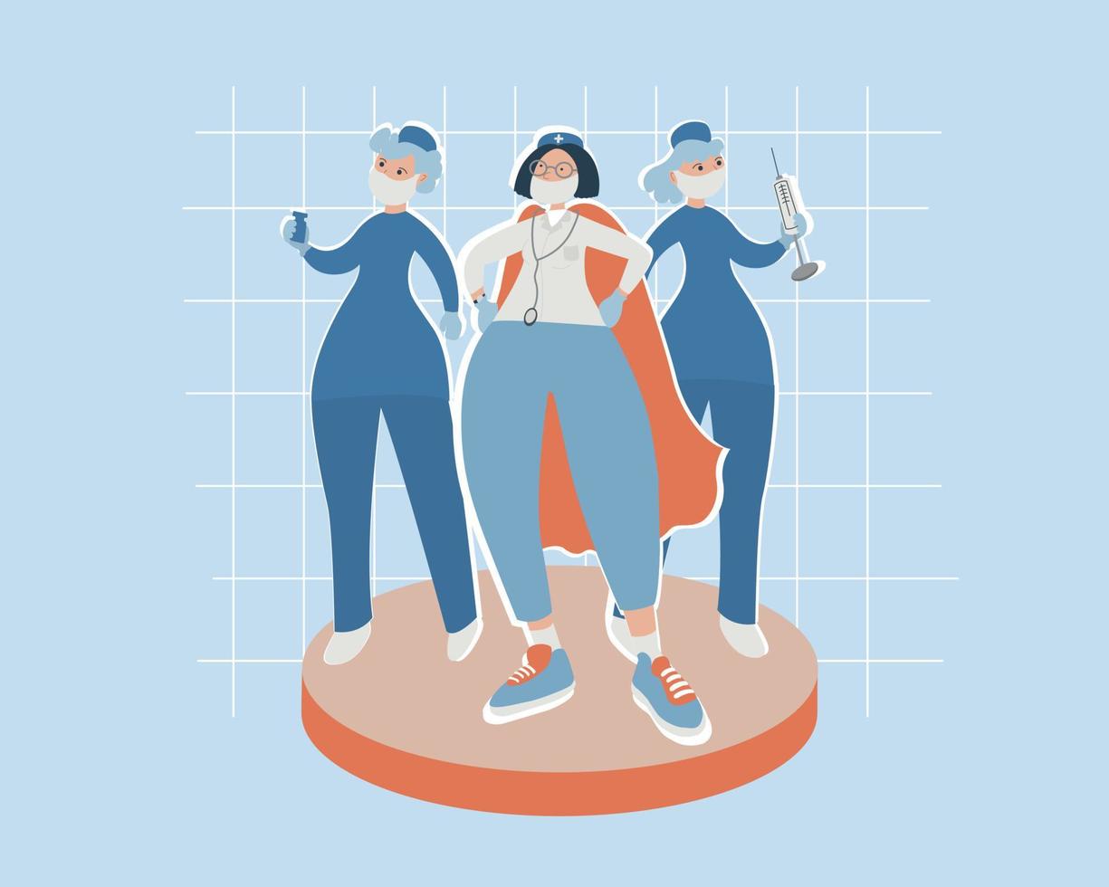 Hand drawn vector illustration of medical personnel. Female doctor and two assisting nurses. Super hero cape doctor. Vaccine and syringe. Time to vaccinate