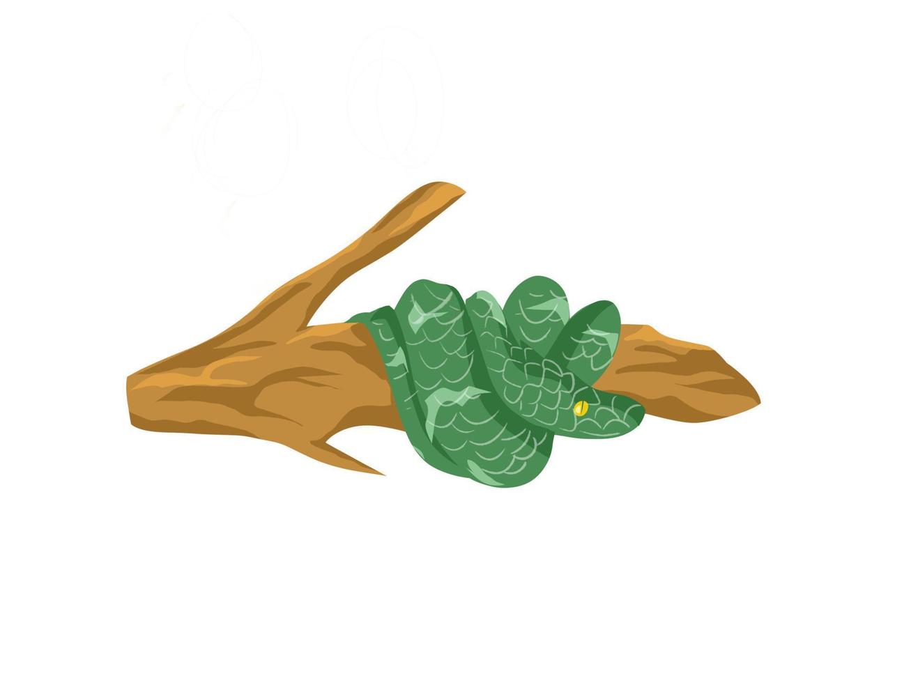 ilustración vectorial de serpiente verde de ojos amarillos o víbora en una rama de un árbol. aislado sobre fondo blanco. vector