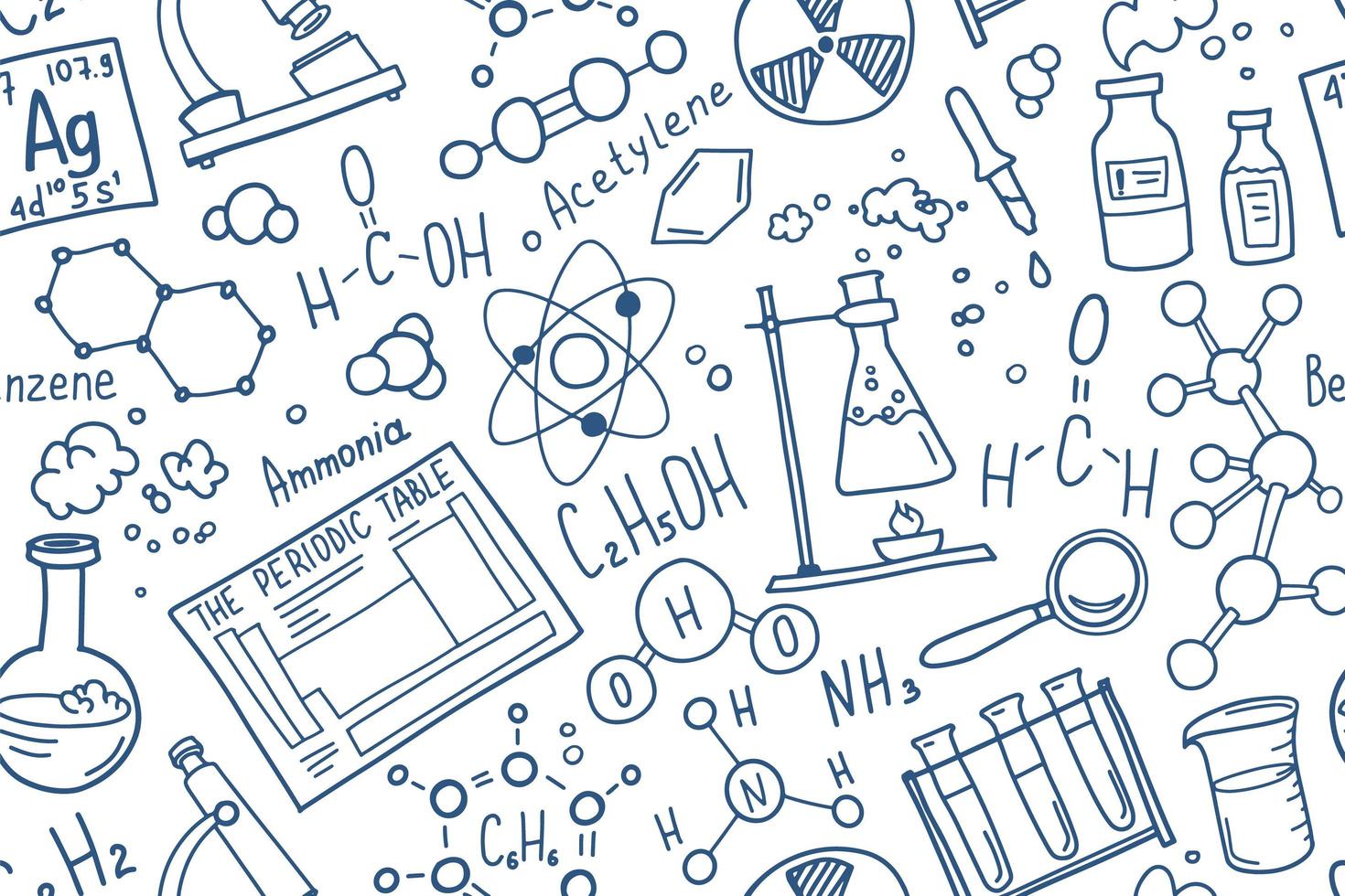 Chemistry symbols icon set. Science subject doodle design. Education and study concept. Back to school sketchy background for notebook, not pad, sketchbook. vector