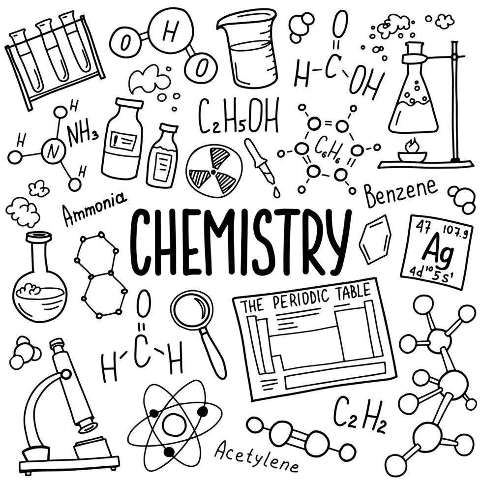 conjunto de iconos de símbolos de química. diseño de garabatos de asignaturas científicas. concepto de educación y estudio. fondo incompleto de regreso a la escuela para cuaderno, no almohadilla, cuaderno de bocetos. vector