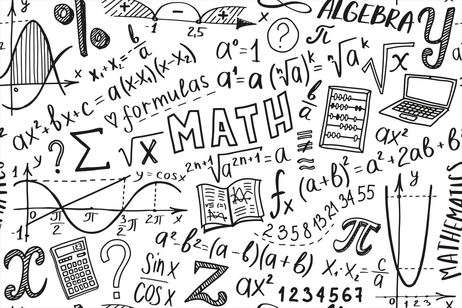 conjunto de iconos de símbolos matemáticos. diseño de garabatos de álgebra o matemáticas. concepto de educación y estudio. fondo de regreso a la escuela para cuaderno, no bloc, cuaderno de bocetos. ilustración dibujada a mano. vector