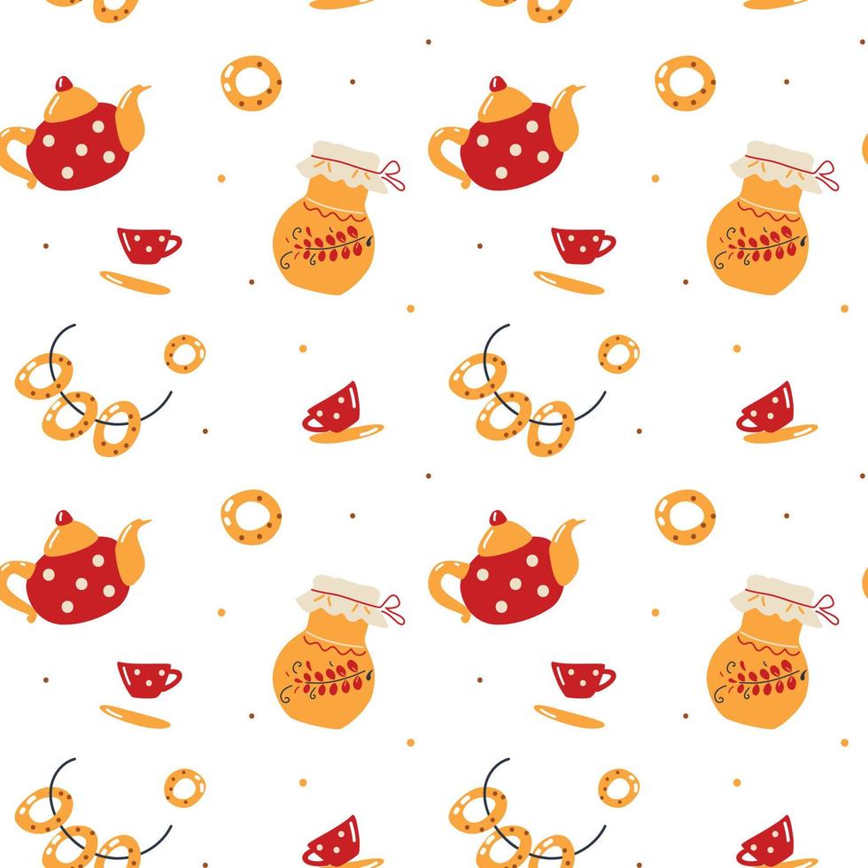 Seamless pattern of teapot and mugs and bagels vector