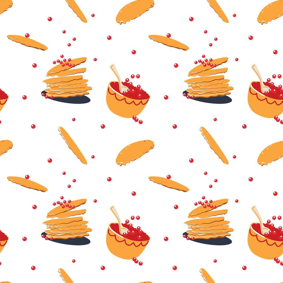 Seamless pattern of flying pancakes with red caviar vector