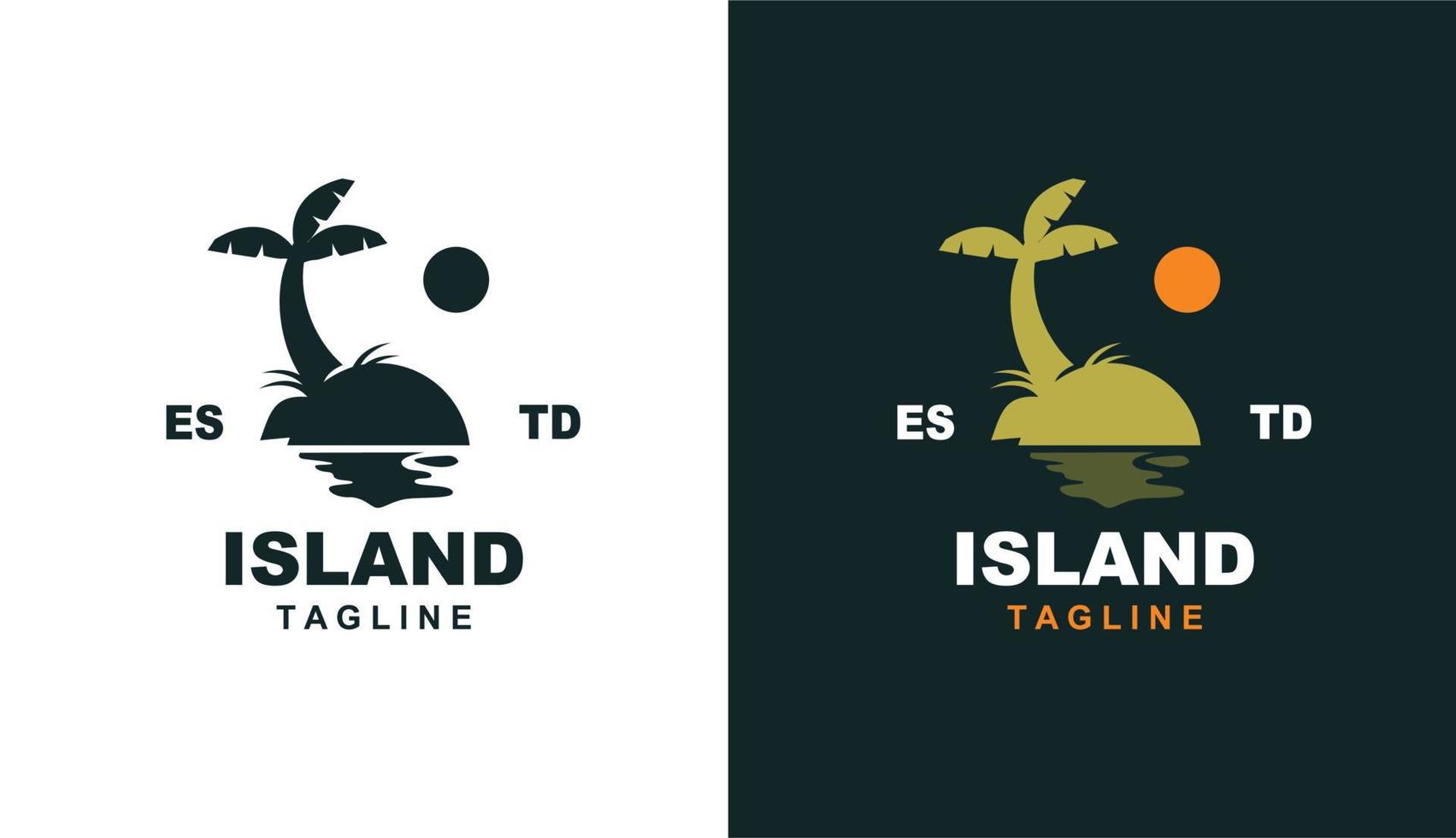 isla logo vintage minimalista. playa, cocoteros y amanecer con aguas tranquilas para marca y empresa vector