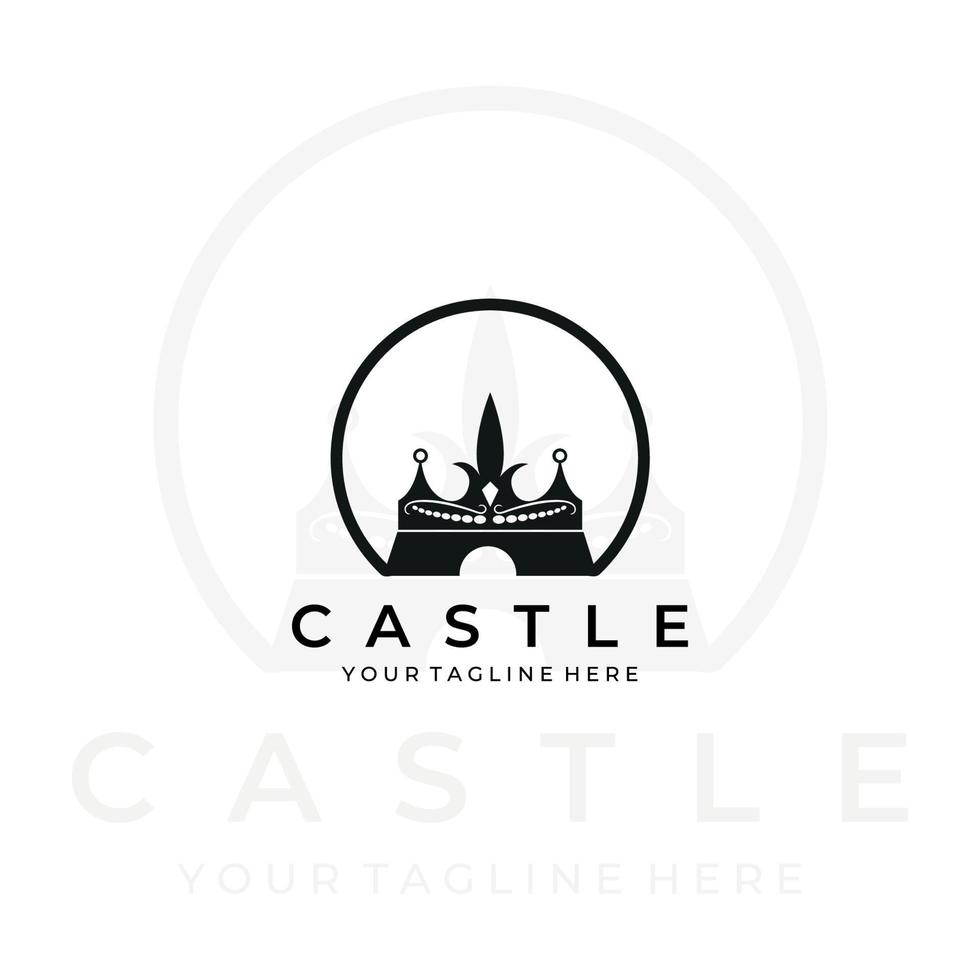 castillo corona logo línea arte vector ilustración diseño minimalista moderno. arquitectura creativo al aire libre naturaleza monoline contorno lineal sencillo edificio construcción Reino real imperio