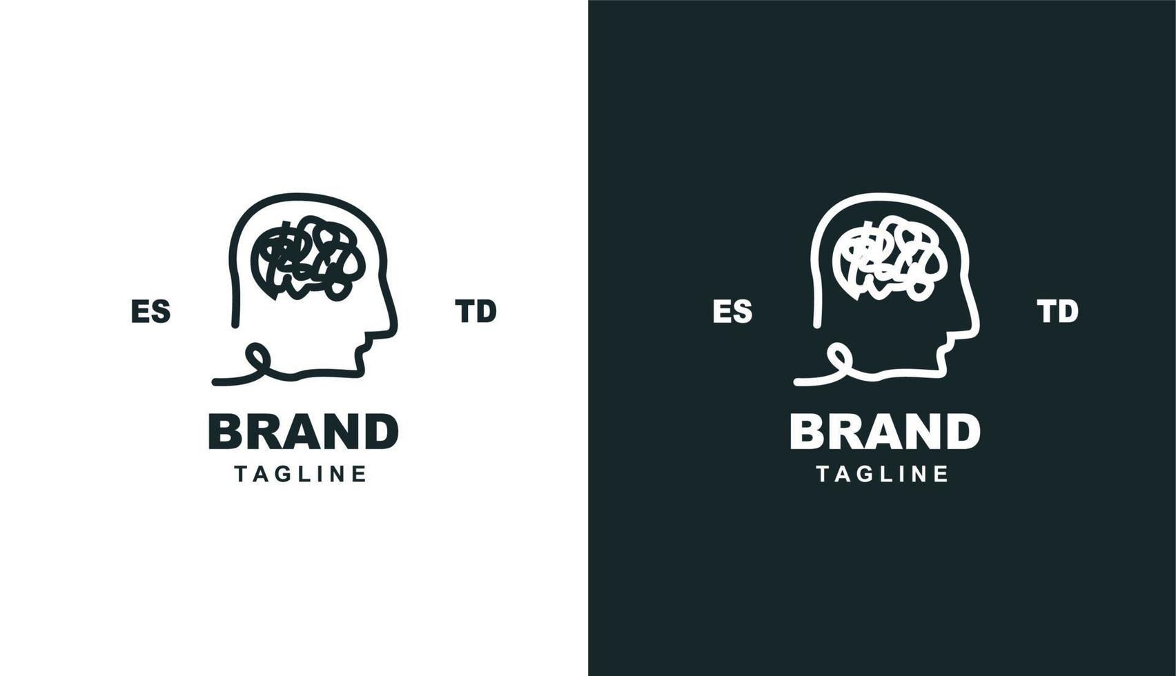 head with confused brain, simple monoline head and in brand logo design vector