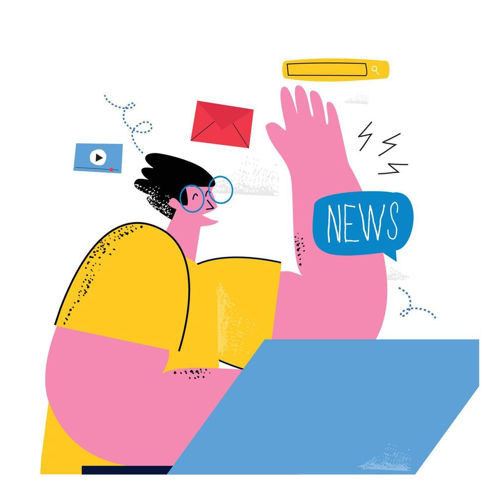 Flat illustration of a man working. Businessman sitting at his desk and using laptop, vector. Freelance job, remote work, online work, distance job concept vector
