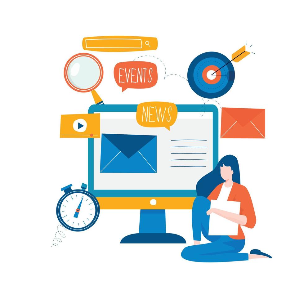 E-mail news, subscription, promotion flat vector illustration. Online news, news update, information about activities, events, company information and announcements design for mobile and web graphics