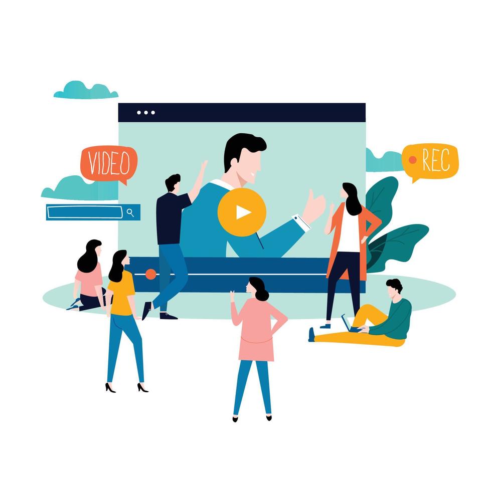 Video streaming, video conference, business webinar flat vector illustration design. Online video presentation, business and educational training, business people meeting