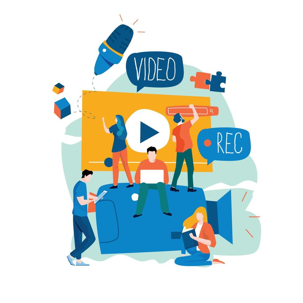 Video production, video footage editing and montage, creating video content flat vector illustration design for mobile and web graphics