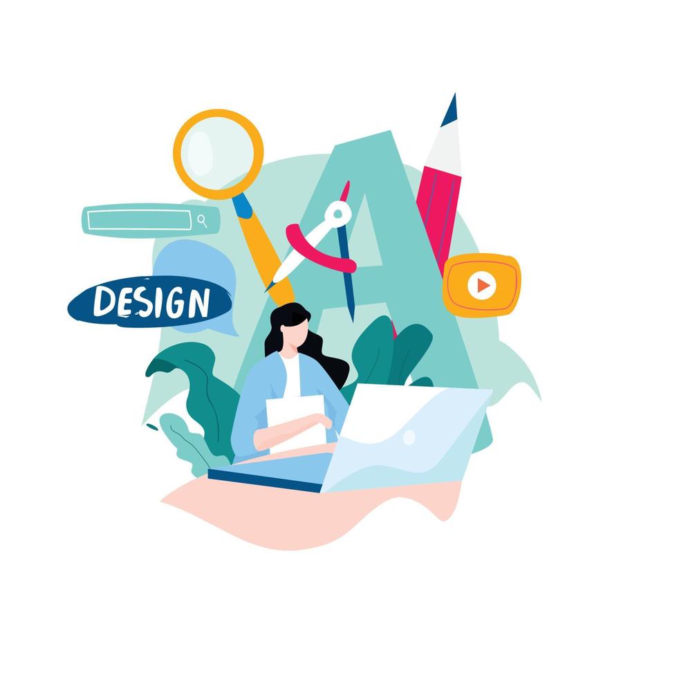Design studio, designing, graphic design, drawing, art, creative ideas, education flat vector illustration. Online courses and tutorials concept for mobile and web graphics