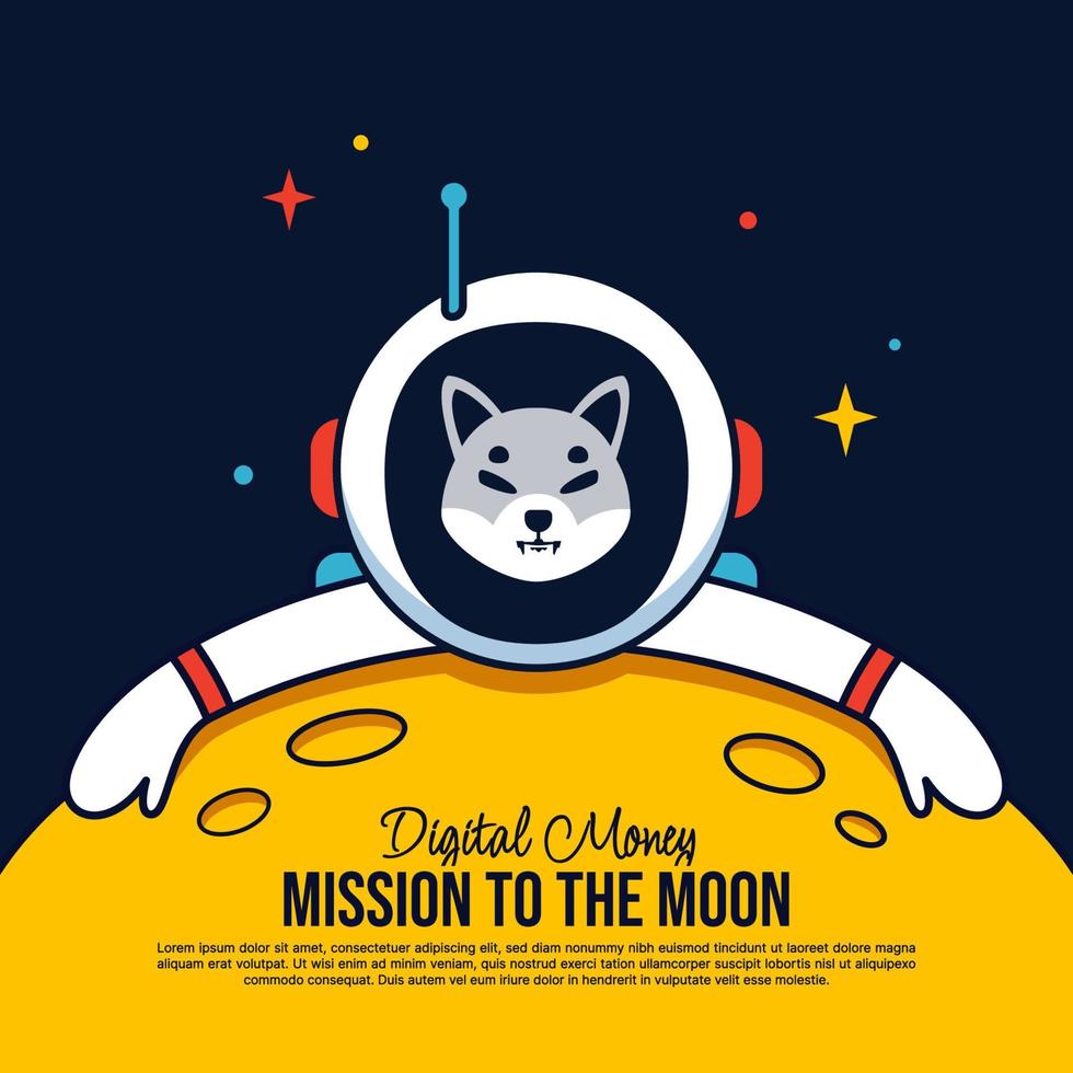 astronauta shiba inu abrazando el fondo de dibujos animados de la luna, fondo de la misión a la luna, minería de criptomonedas y concepto financiero vector