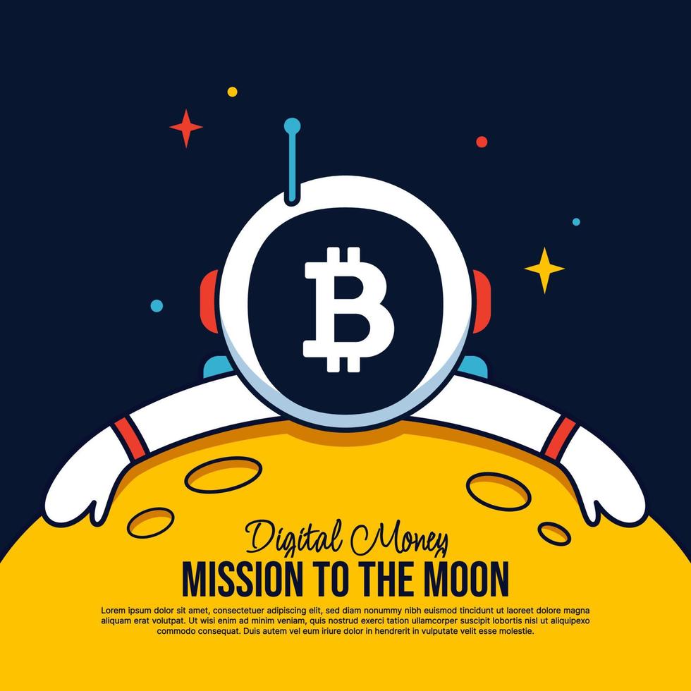 Bitcoin Astronaut hugging the Moon cartoon background, Mission to the moon background, Cryptocurrency mining and financial concept vector