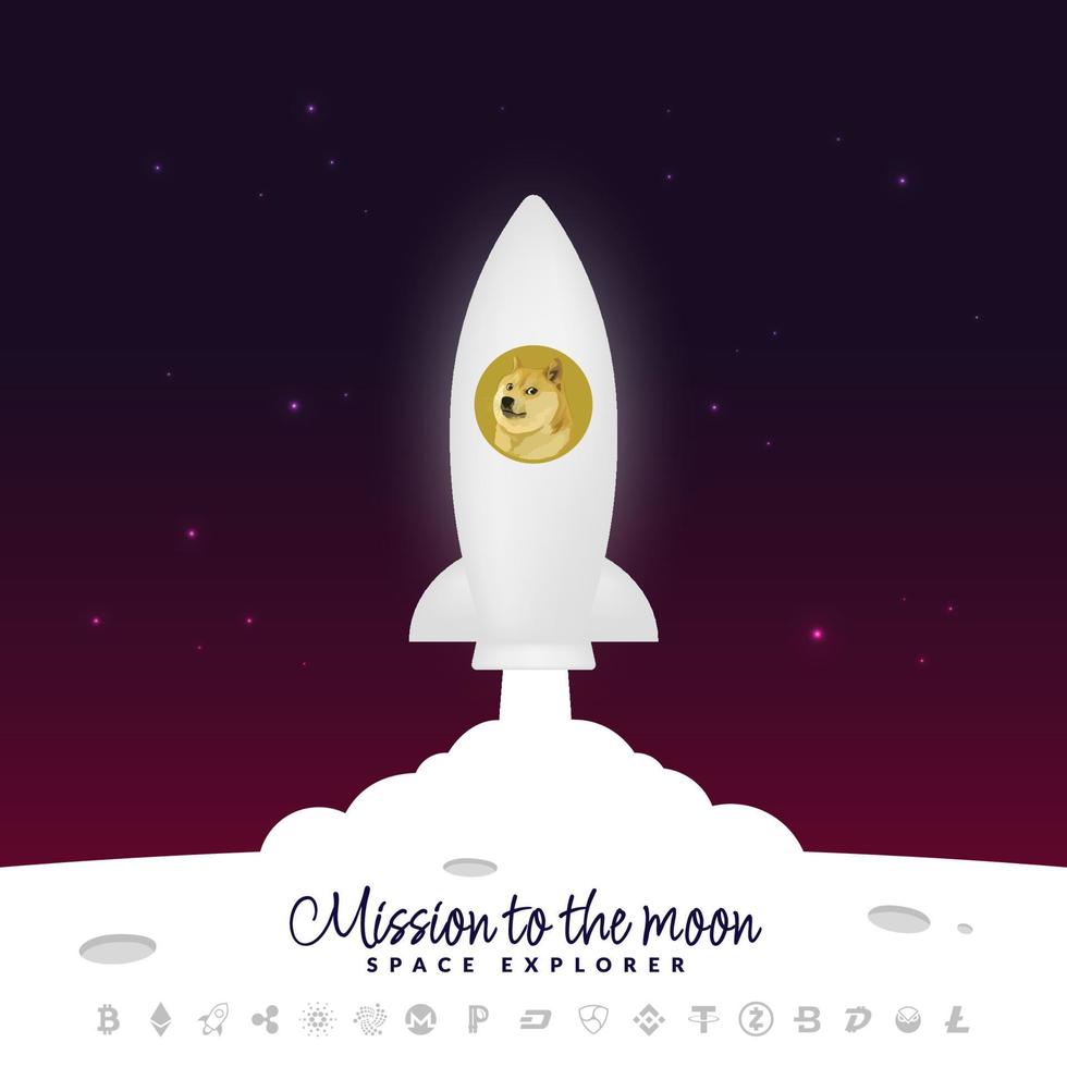 Mission to the moon background, Doge coin Spaceship launching to the moon, Cryptocurrency icons and financial concept vector