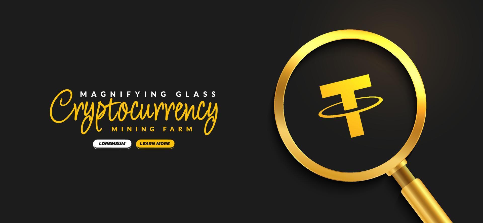 Tether Crypto currency with golden magnifying glass background, Digital money exchange of Blockchain technology banner, Cryptocurrency financial concept vector