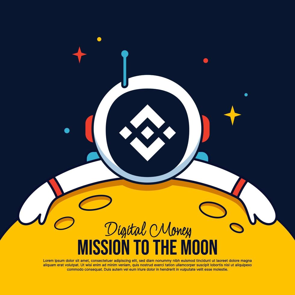 Binance BNB Astronaut hugging the Moon cartoon background, Mission to the moon background, Cryptocurrency mining and financial concept vector