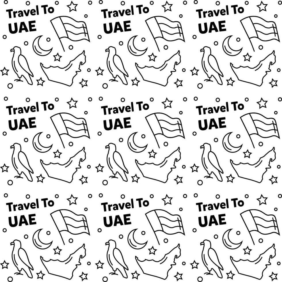 viajar a los emiratos árabes unidos doodle diseño de vector de patrones sin fisuras