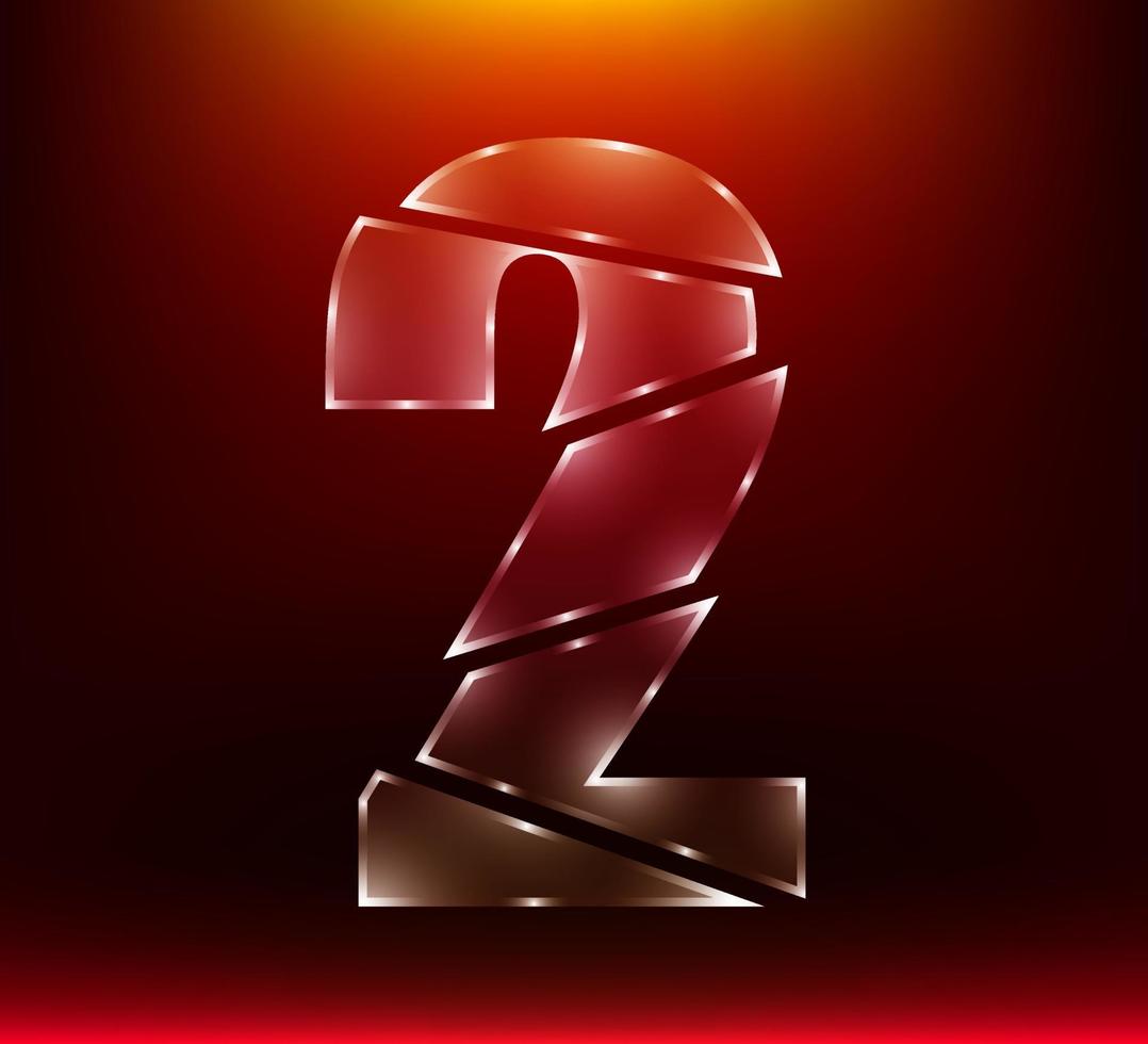 poly luxury glass number character 2 two slash by sword with red color background. vector
